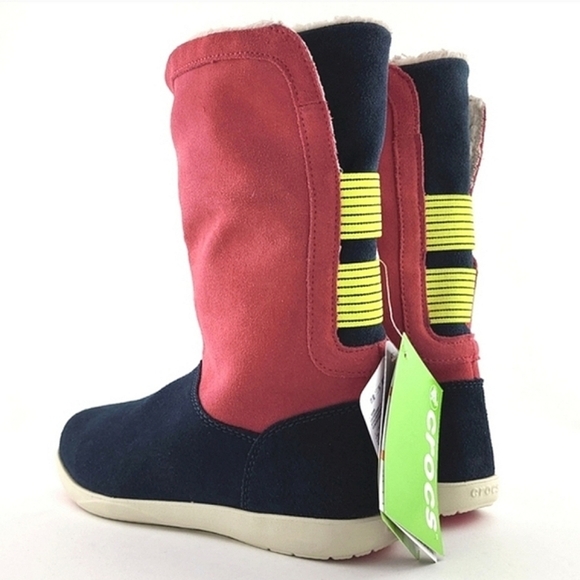 Crocs Adela Women's Foldover Fuzz  Leather Boots Pink Poppy Stucco Navy Size 6 - Picture 8 of 15